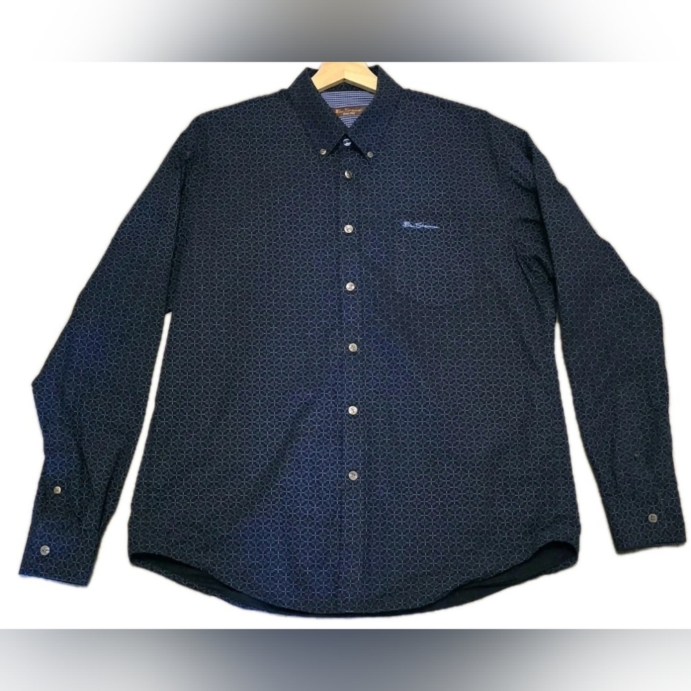 Ben Sherman (VINTAGE) Dark Blue Geometric Button-Down Shirt (XL, 100% COTTON)